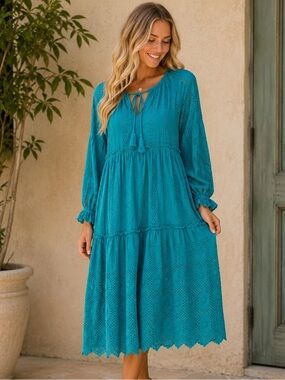 Tolani Teal Eyelet Tiered Midi Dress